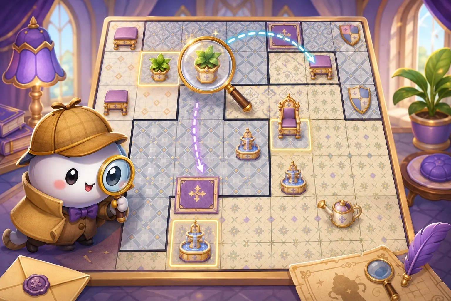 An illustrated detective examining a tiled Dedoku floor plan
