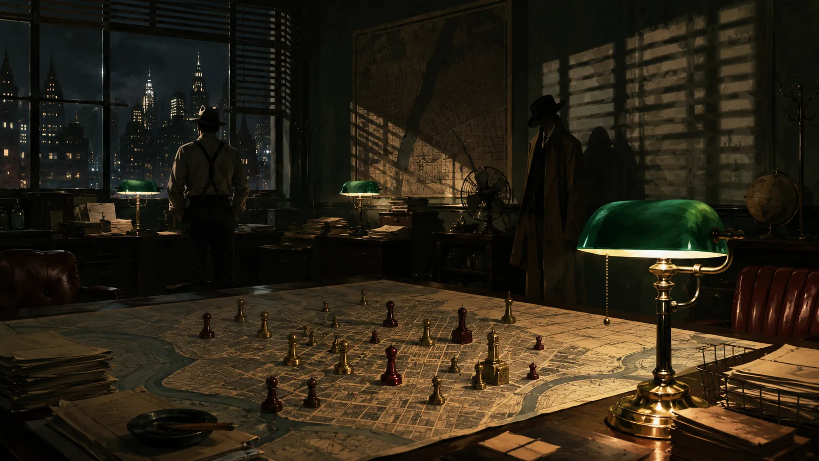 The operations room at midnight: a city map spread across the table under a green banker's lamp, brass and oxblood pieces standing on the streets, a detective watching the skyline from the window.